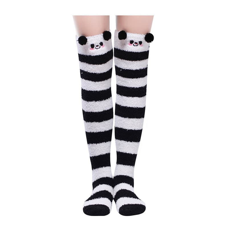 Cute Animal Coral Fleece Thigh High Socks 2 Pack- Pig Red & Panda Black