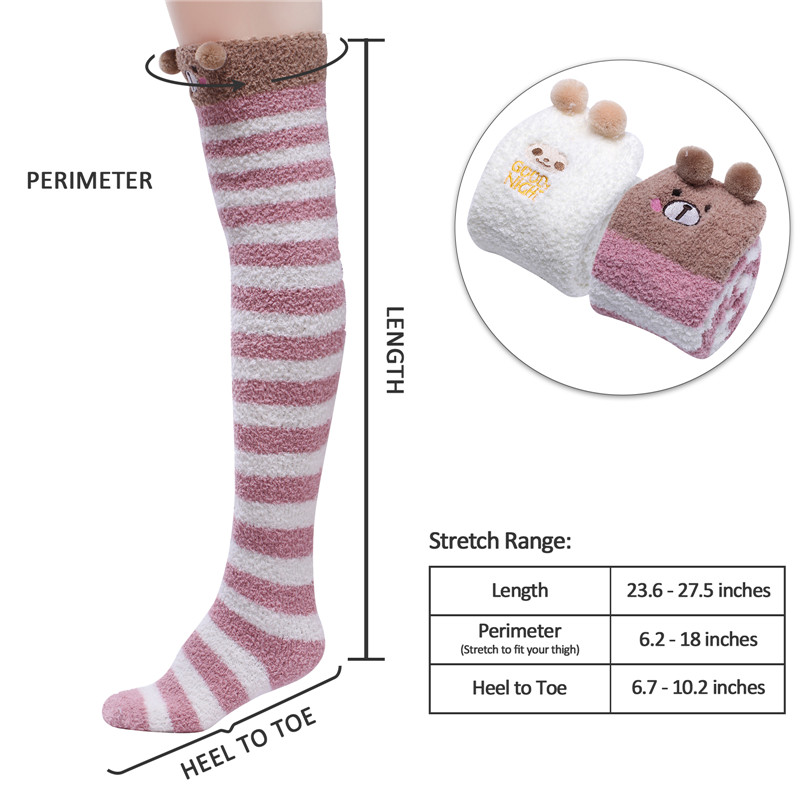 Cute Animal Coral Fleece Thigh High Socks 2 Pack- Sheep White & Bear Red