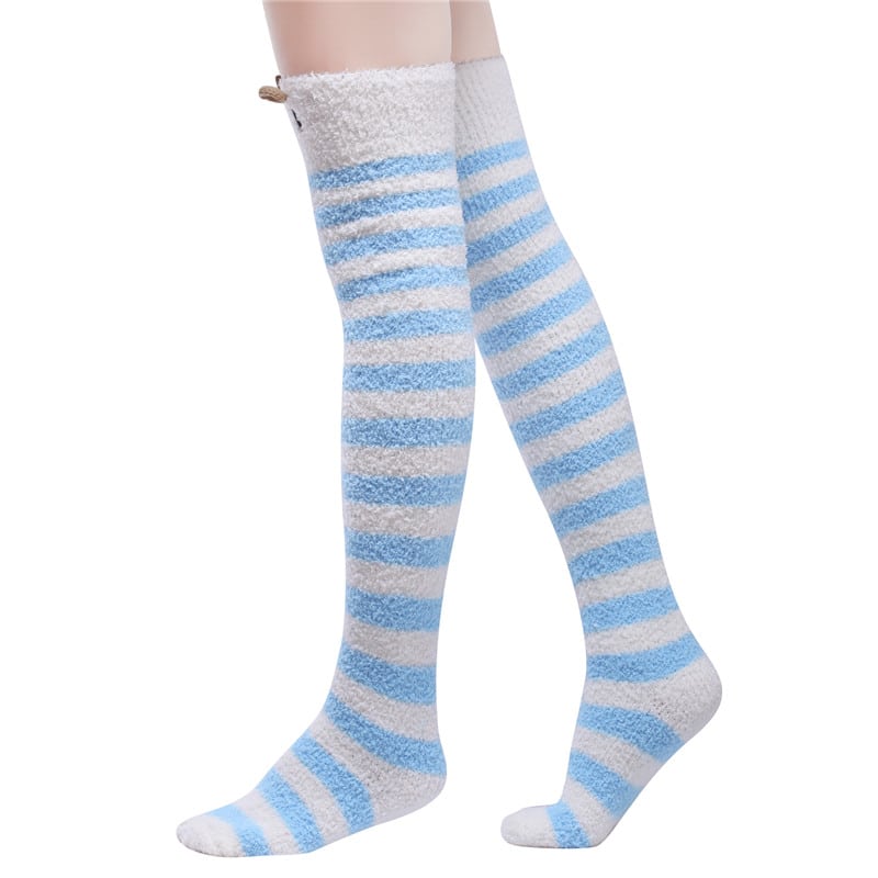 Cute Animal Coral Fleece Thigh High Socks 2 Pack- Sheep Pink & Panda Blue