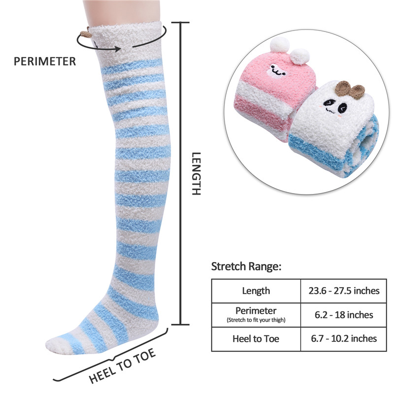 Cute Animal Coral Fleece Thigh High Socks 2 Pack- Sheep Pink & Panda Blue