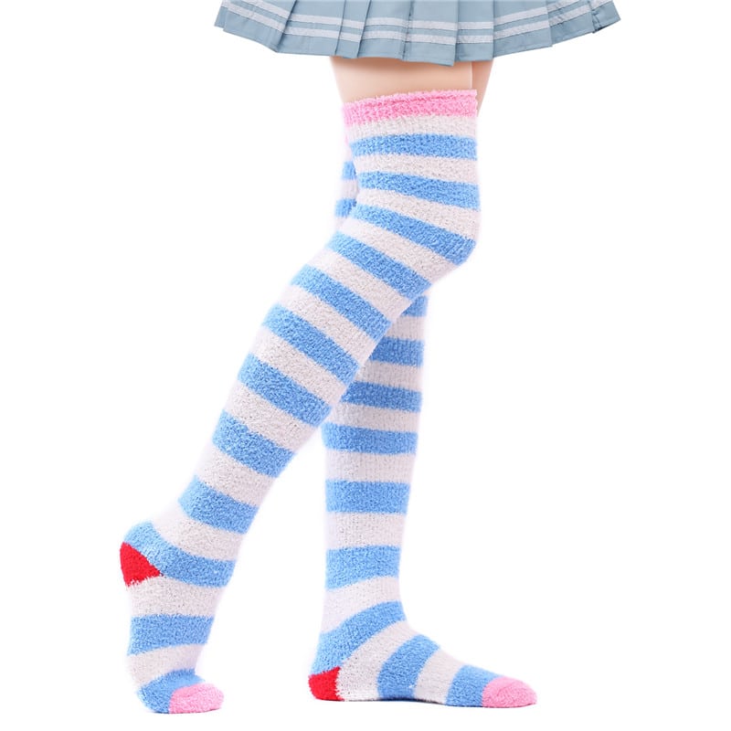 Coral Fleece Thigh High Socks 2 Pack- Striped Blue & Purple Set