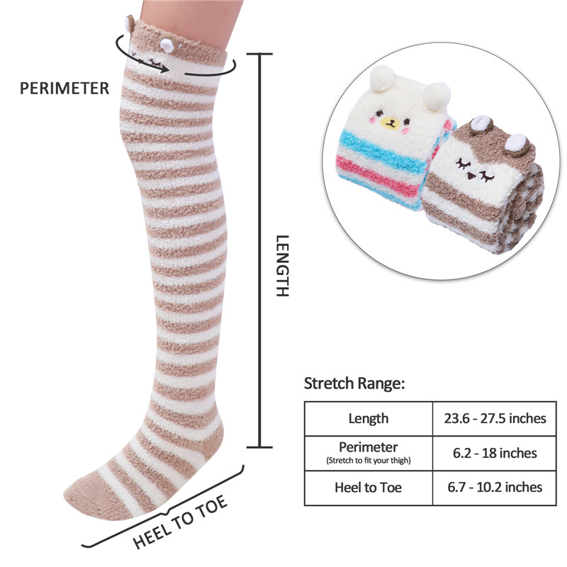 Cute Animal Coral Fleece Thigh High Socks 2 Pack- Owl & Colorful Bear
