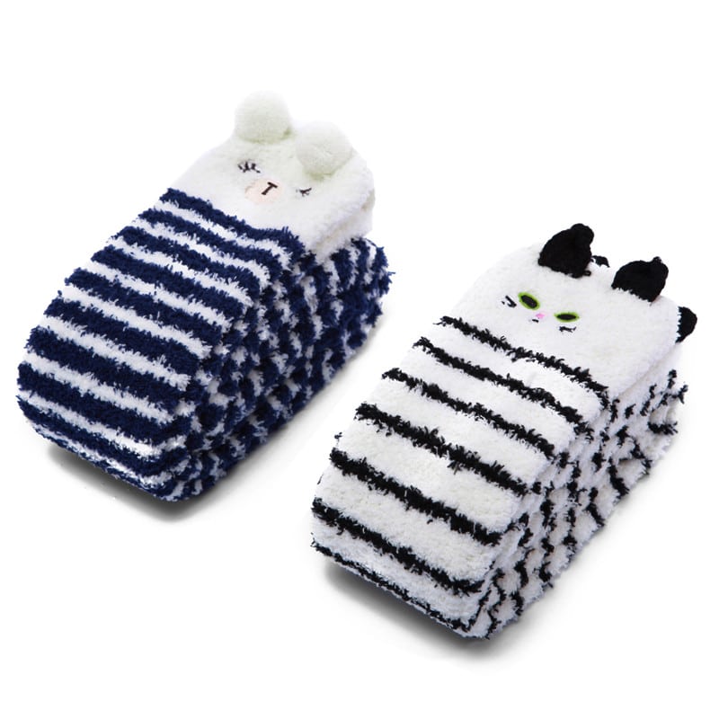 Cute Animal Coral Fleece Thigh High Socks 2 Pack-Bluewhite Bear & Blackwhite Cat
