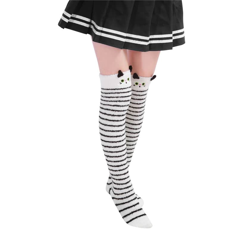 Cute Animal Coral Fleece Thigh High Socks 2 Pack-Bluewhite Bear & Blackwhite Cat