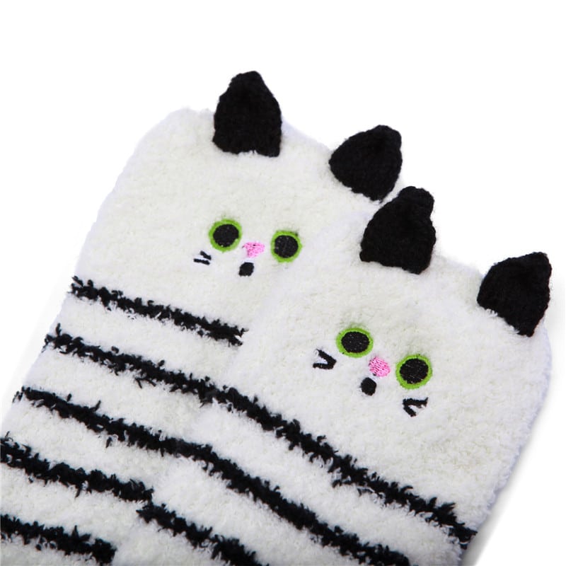 Cute Animal Coral Fleece Thigh High Socks 2 Pack-Bluewhite Bear & Blackwhite Cat