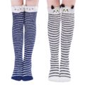 Cute Animal Coral Fleece Thigh High Socks 2 Pack-Bluewhite Bear & Blackwhite Cat