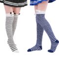 Cute Animal Coral Fleece Thigh High Socks 2 Pack-Bluewhite Bear & Blackwhite Cat