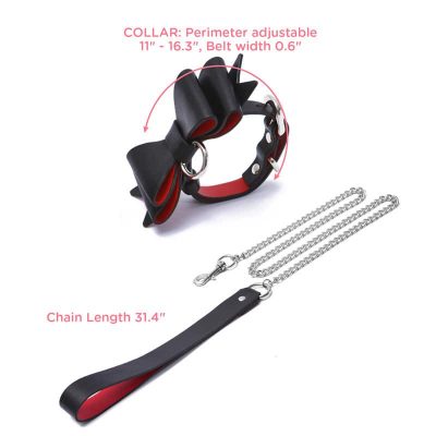 Prettybows Soft Lamb Leather Collar Leash Set - Black/Red Leather & Silver Alloy