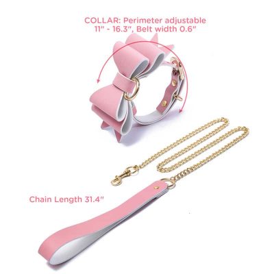 Prettybows Soft Lamb Leather Collar Leash Set - Pink/White Leather & Golden Alloy