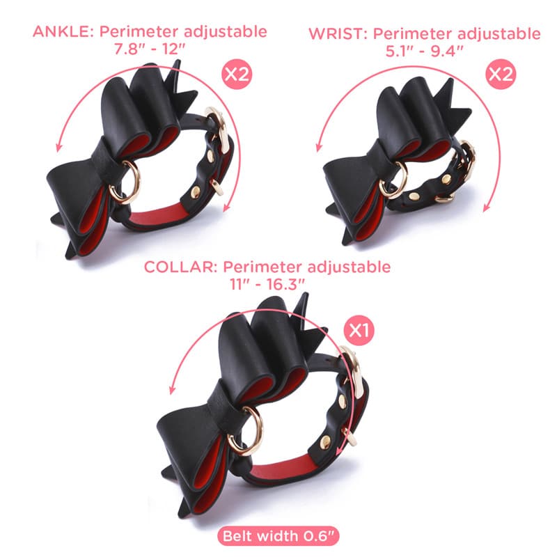 Prettybows Soft Lamb Leather Wrist Ankle Cuffs & Collar Leash Set – Black/Red Leather & Golden Alloy