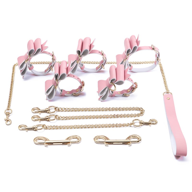 Prettybows Soft Lamb Leather Wrist Ankle Cuffs & Collar Leash Set – Pink/White Leather & Golden Alloy