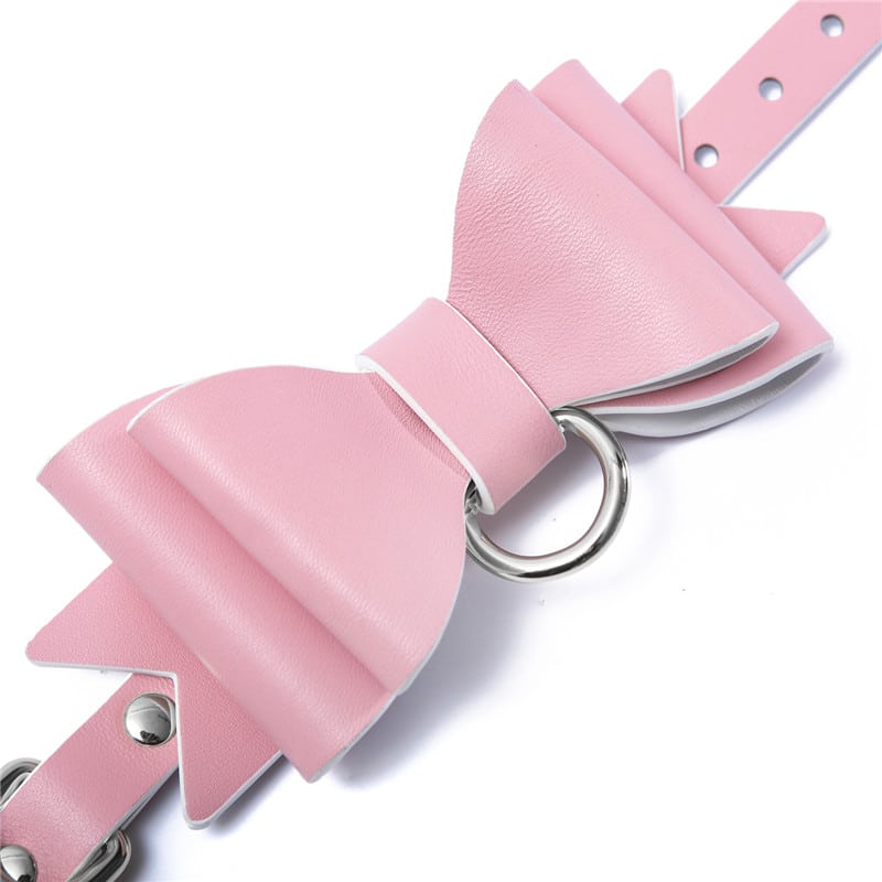 Prettybows Soft Lamb Leather Wrist Ankle Cuffs & Collar Leash Set – Pink/White Leather & Silver Alloy