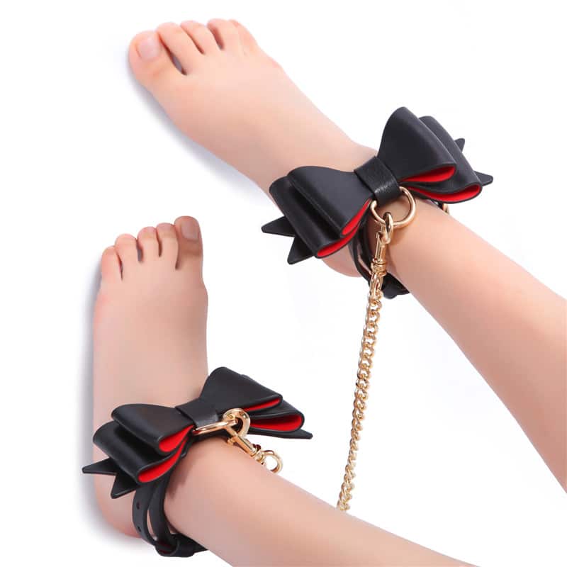 Prettybows Soft Lamb Leather Ankle Cuffs Set – Black/Red Leather & Golden Alloy