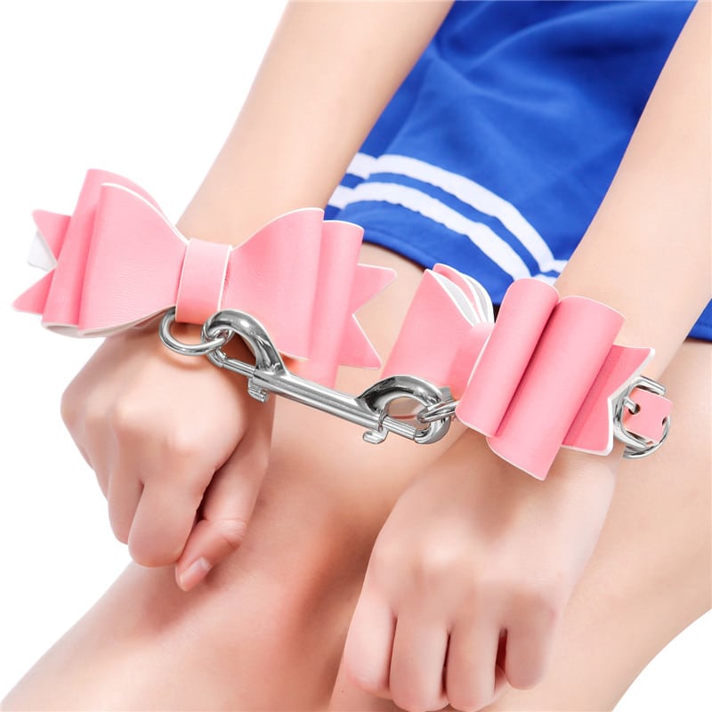Prettybows Soft Lamb Leather Wrist Cuffs Set – Pink/White Leather & Silver Alloy