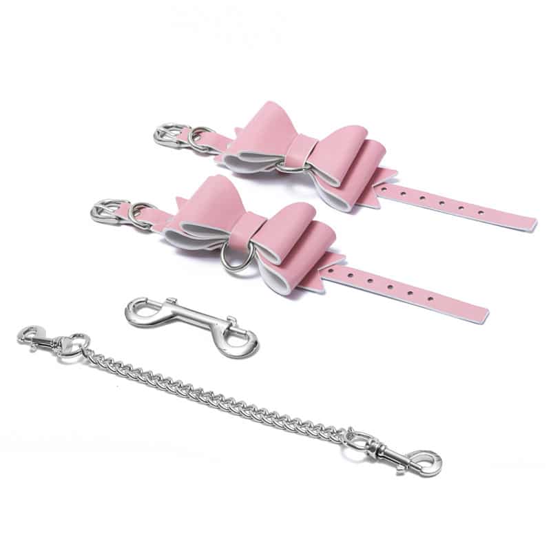 Prettybows Soft Lamb Leather Wrist Cuffs Set – Pink/White Leather & Silver Alloy