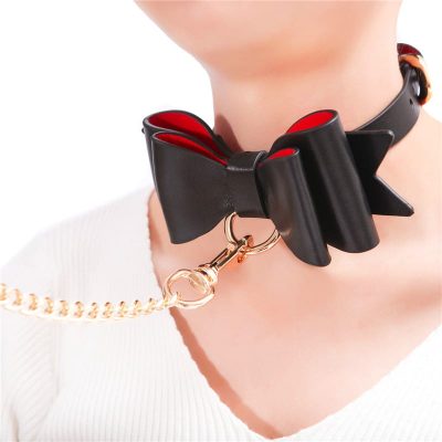 Prettybows Soft Lamb Leather Collar Leash Set - Black/Red Leather & Golden Alloy