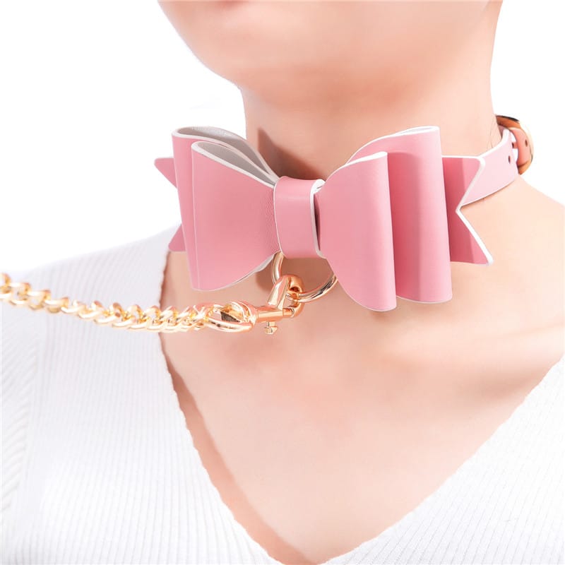 Prettybows Soft Lamb Leather Collar Leash Set – Pink/White Leather & Golden Alloy