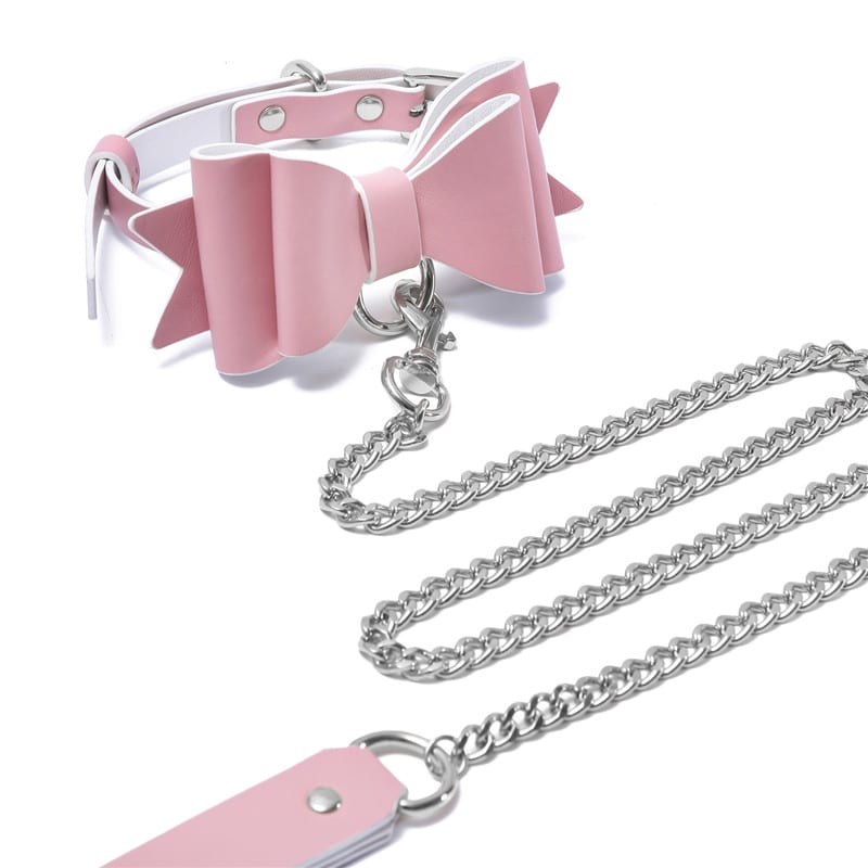 Prettybows Soft Lamb Leather Collar Leash Set – Pink/White Leather & Silver Alloy