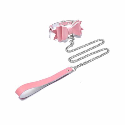 Prettybows Soft Lamb Leather Collar Leash Set - Pink/White Leather & Silver Alloy