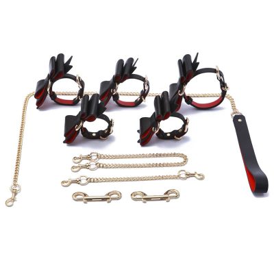 Prettybows Soft Lamb Leather Wrist Ankle Cuffs & Collar Leash Set - Black/Red Leather & Golden Alloy