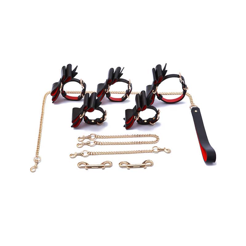 Prettybows Soft Lamb Leather Wrist Ankle Cuffs & Collar Leash Set – Black/Red Leather & Golden Alloy