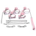Prettybows Soft Lamb Leather Wrist Ankle Cuffs & Collar Leash Set – Pink/White Leather & Silver Alloy
