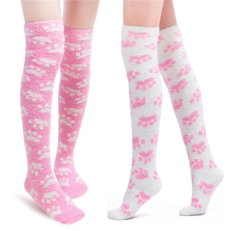 Cute Coral Fleece Thigh High Long Paws Patten Socks 2 Pairs-Pink Paws