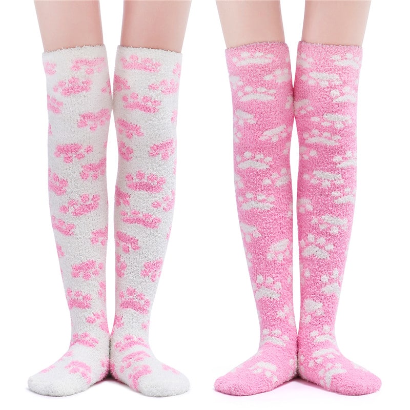 Cute Coral Fleece Thigh High Long Paws Patten Socks 2 Pairs-Pink Paws