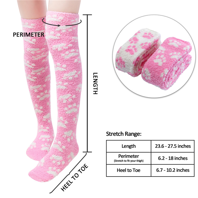 Cute Coral Fleece Thigh High Long Paws Patten Socks 2 Pairs-Pink Paws