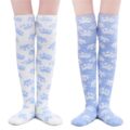 Cute Coral Fleece Thigh High Long Paws Patten Socks 2 Pairs-Blue Paws