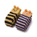 Cute Animal Coral Fleece Thigh High Long Striped Socks 2 Pairs-Brown Cat& Darkblue Bear