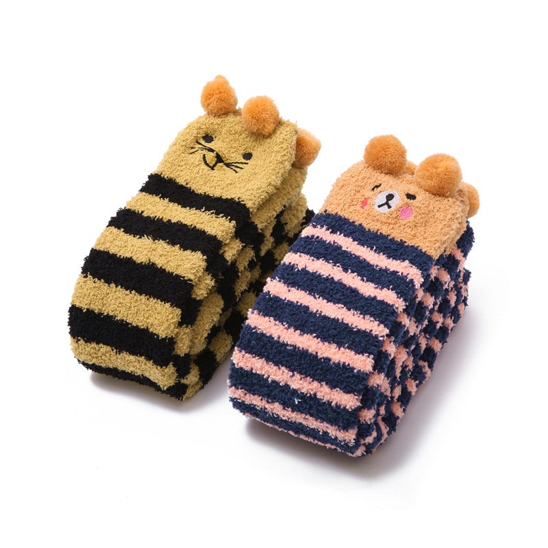Cute Animal Coral Fleece Thigh High Long Striped Socks 2 Pairs-Brown Cat& Darkblue Bear