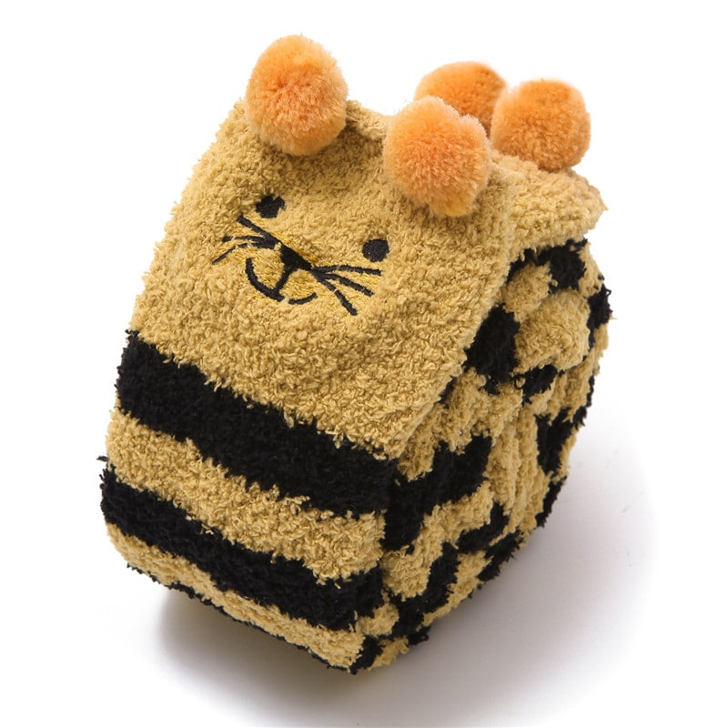 Cute Animal Coral Fleece Thigh High Long Striped Socks 2 Pairs-Brown Cat& Darkblue Bear