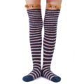 Cute Animal Coral Fleece Thigh High Long Striped Socks 2 Pairs-Brown Cat& Darkblue Bear