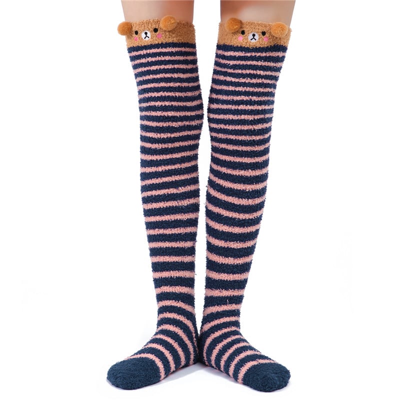 Cute Animal Coral Fleece Thigh High Long Striped Socks 2 Pairs-Brown Cat& Darkblue Bear