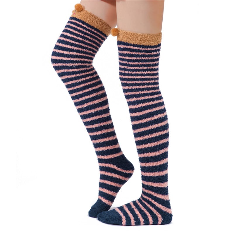 Cute Animal Coral Fleece Thigh High Long Striped Socks 2 Pairs-Brown Cat& Darkblue Bear