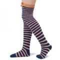 Cute Animal Coral Fleece Thigh High Long Striped Socks 2 Pairs-Brown Cat& Darkblue Bear