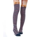 Cute Animal Coral Fleece Thigh High Long Striped Socks 2 Pairs-Brown Cat& Darkblue Bear