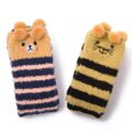 Cute Animal Coral Fleece Thigh High Long Striped Socks 2 Pairs-Brown Cat& Darkblue Bear