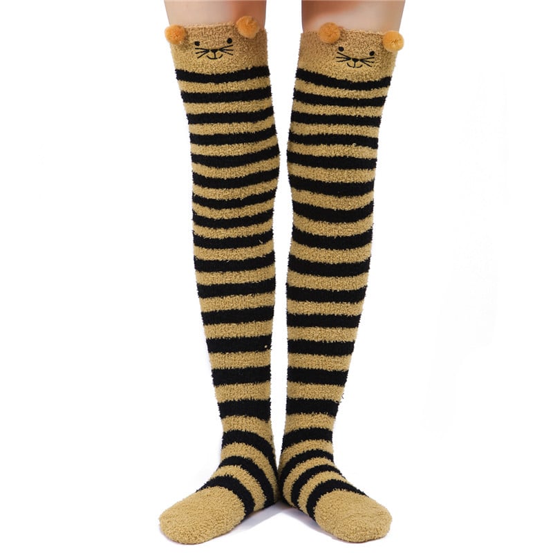 Cute Animal Coral Fleece Thigh High Long Striped Socks 2 Pairs-Brown Cat& Darkblue Bear