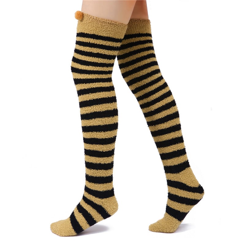 Cute Animal Coral Fleece Thigh High Long Striped Socks 2 Pairs-Brown Cat& Darkblue Bear