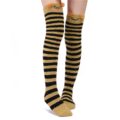 Cute Animal Coral Fleece Thigh High Long Striped Socks 2 Pairs-Brown Cat& Darkblue Bear