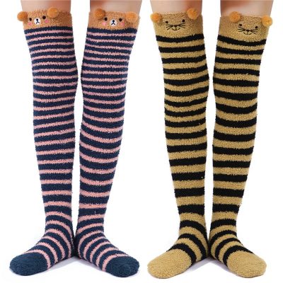 Cute Animal Coral Fleece Thigh High Long Striped Socks 2 Pairs-Brown Cat& Darkblue Bear