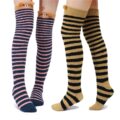 Cute Animal Coral Fleece Thigh High Long Striped Socks 2 Pairs-Brown Cat& Darkblue Bear