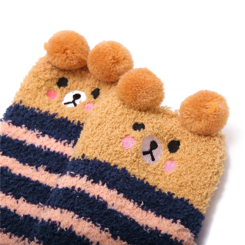 Cute Animal Coral Fleece Thigh High Long Striped Socks 2 Pairs-Brown Cat& Darkblue Bear