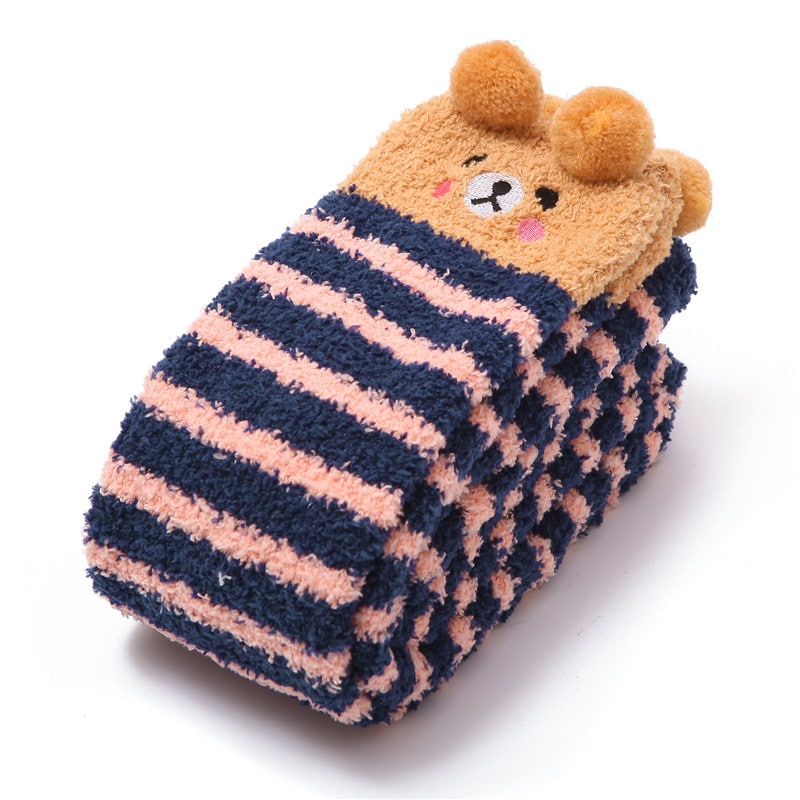 Cute Animal Coral Fleece Thigh High Long Striped Socks 2 Pairs-Brown Cat& Darkblue Bear