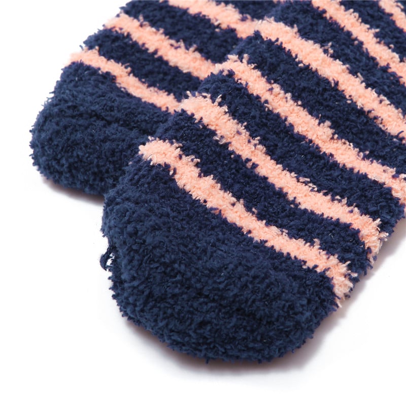 Cute Animal Coral Fleece Thigh High Long Striped Socks 2 Pairs-Brown Cat& Darkblue Bear