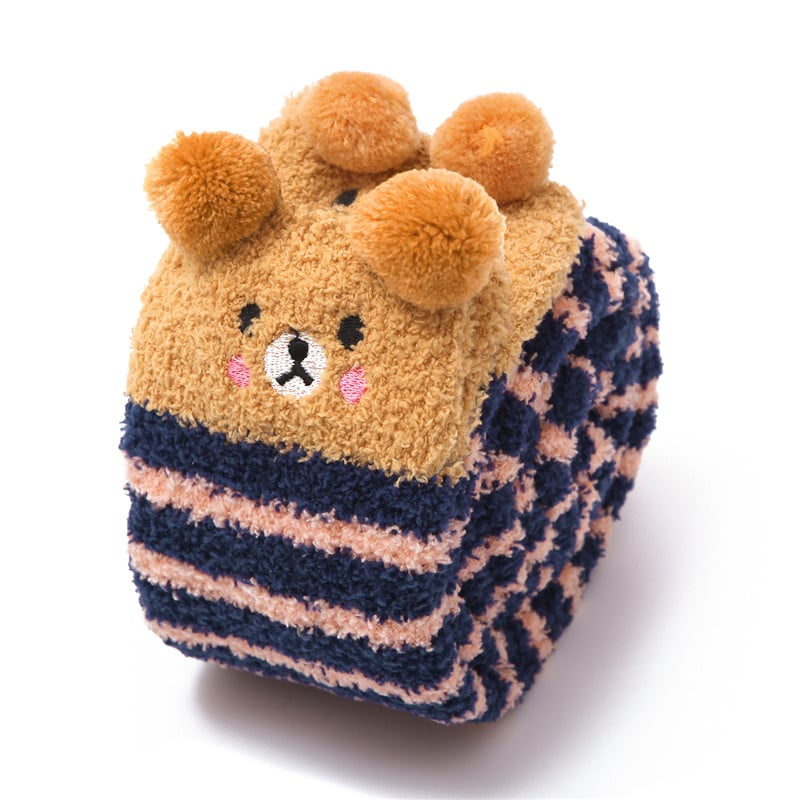 Cute Animal Coral Fleece Thigh High Long Striped Socks 2 Pairs-Brown Cat& Darkblue Bear