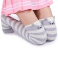 Cute Animal Coral Fleece Thigh High Long Striped Socks 2 Pairs-Grey Cat&Black Cat