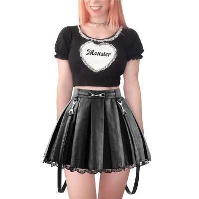 Troublemaker Pleated Faux Leather Skirt-Black